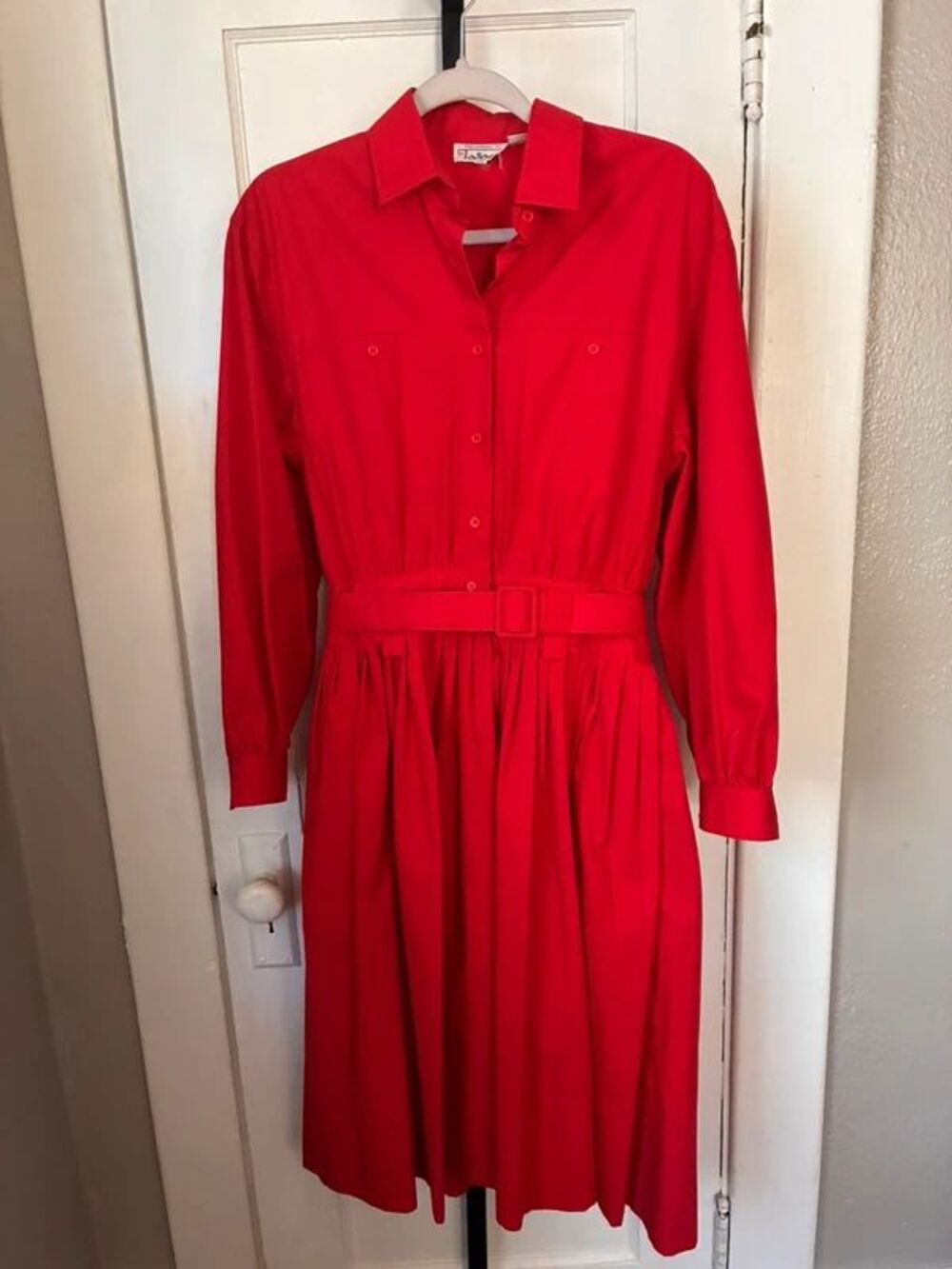 Vintage Talbots Red Long-Sleeve Shirt Dress with Belt (Size 12)